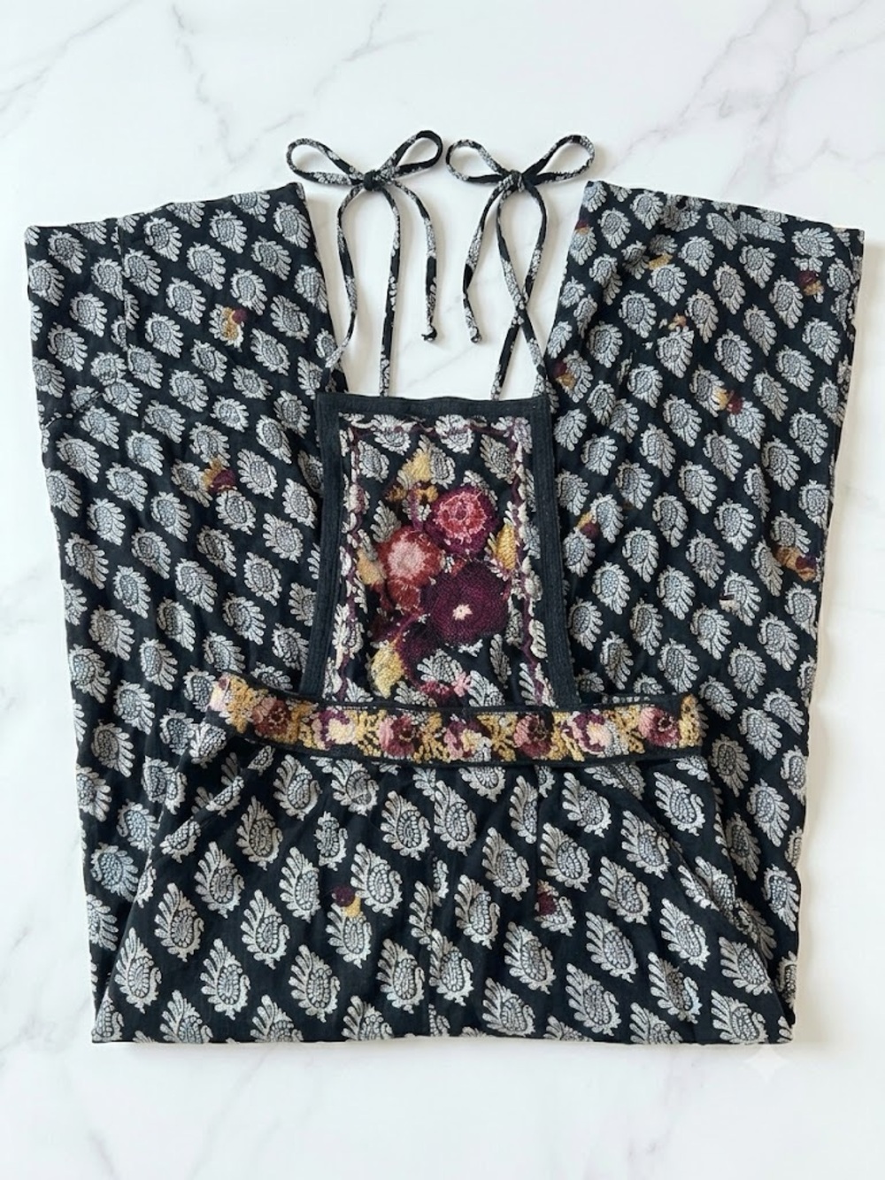 Anthropologie Overalls with White Paisley and Yellow-Pink Floral Accents